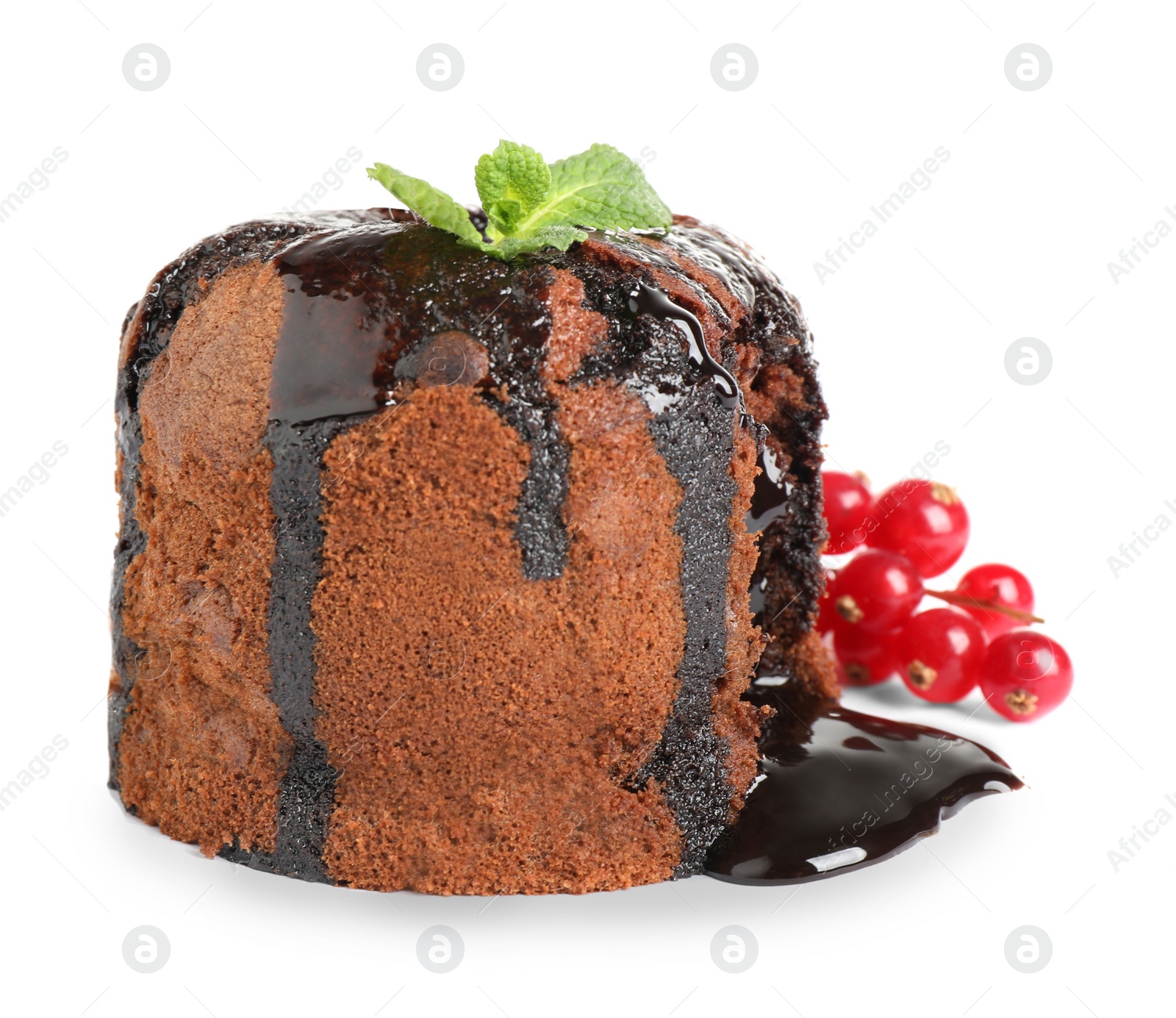 Photo of Delicious warm chocolate lava cake with mint and berries isolated on white