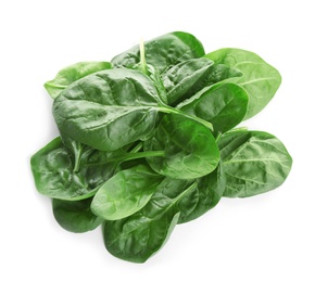 Photo of Heap of fresh green healthy baby spinach leaves isolated on white, top view