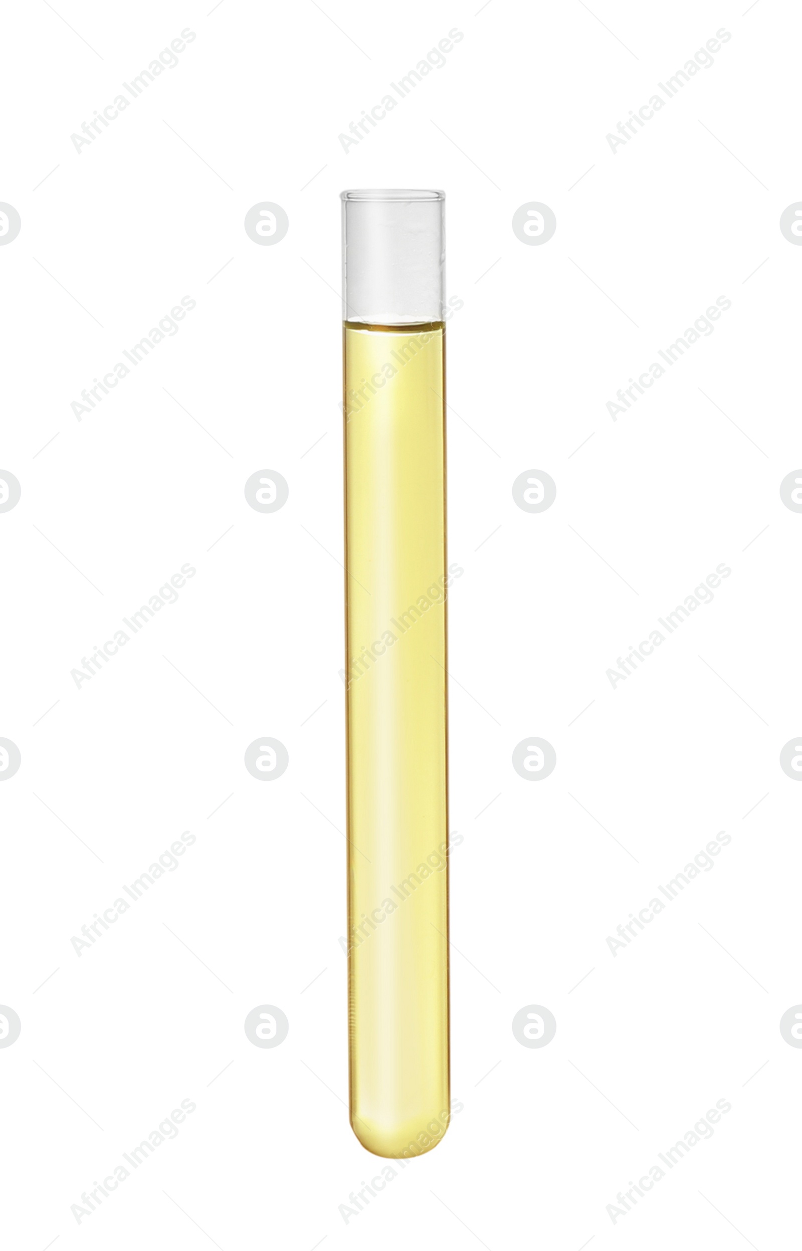 Photo of Test tube with yellow liquid isolated on white