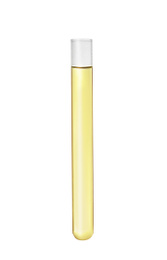 Photo of Test tube with yellow liquid isolated on white