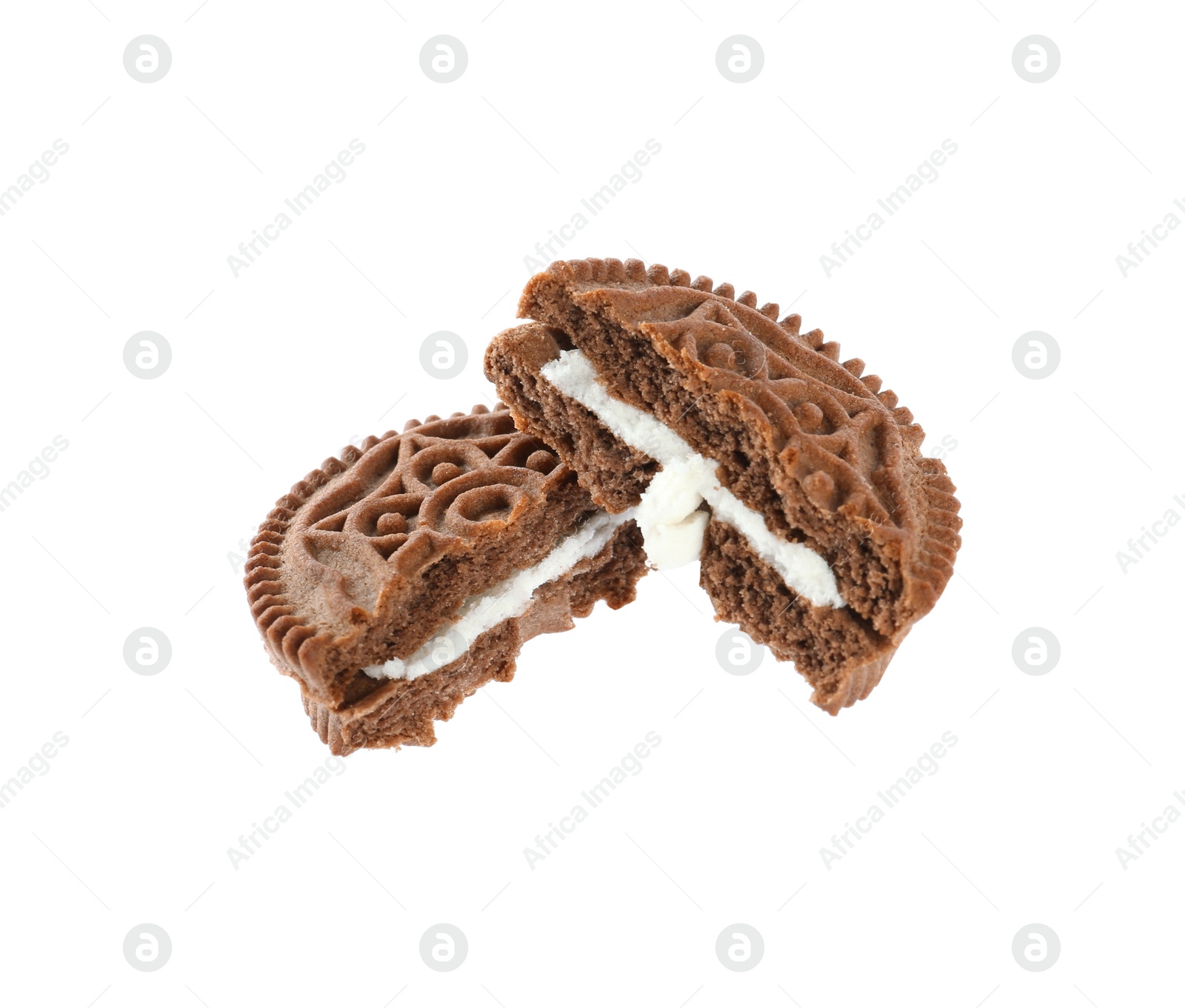 Photo of Broken tasty chocolate sandwich cookie with cream on white background