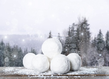 Snowballs against blurred coniferous forest. Winter outdoor activity