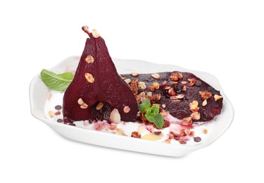 Tasty red wine poached pears with muesli and yoghurt isolated on white