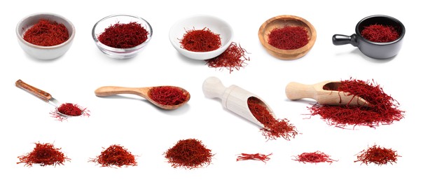 Dried red saffron isolated on white, set