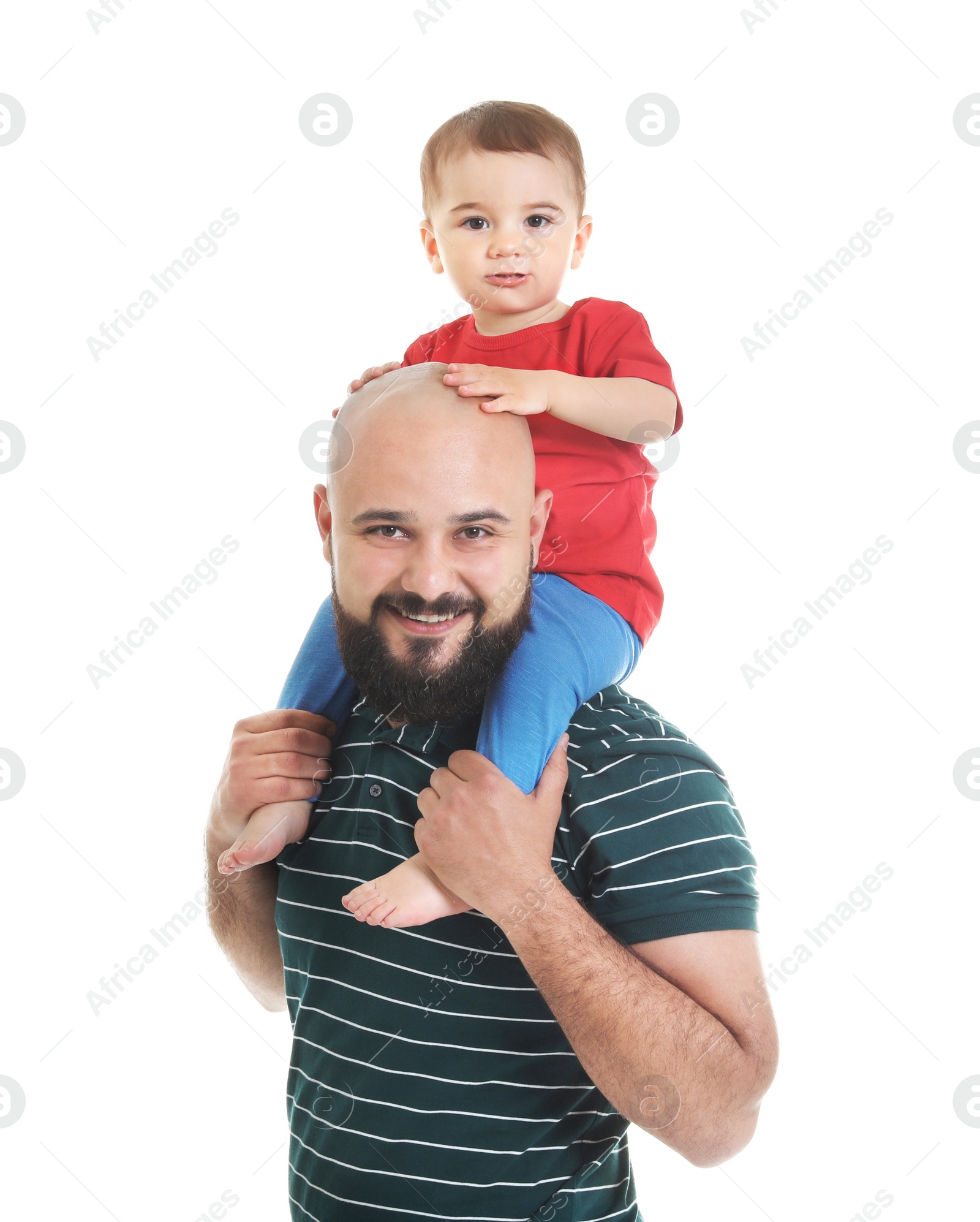 Photo of Portrait of dad and his little son on white background