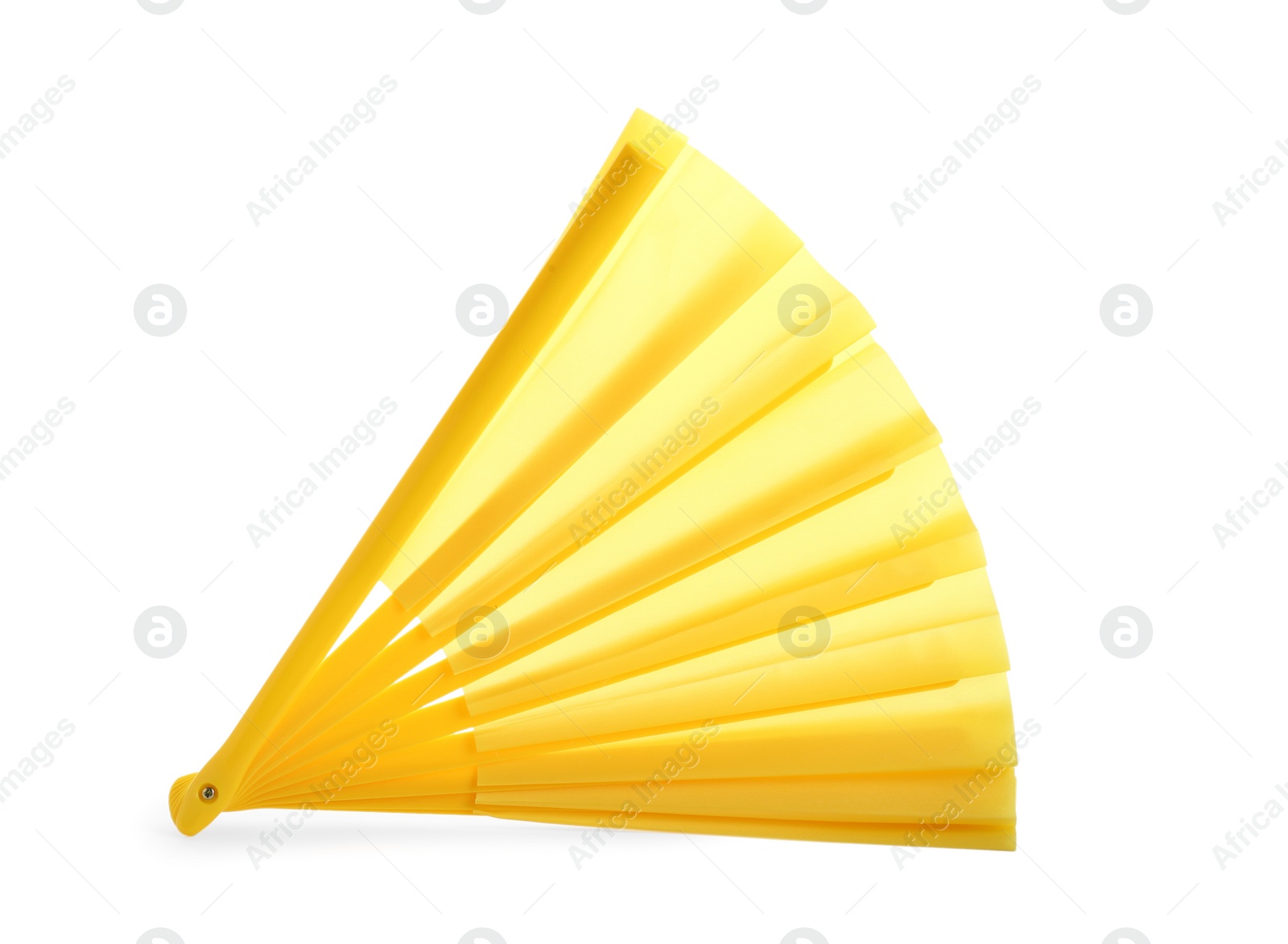 Photo of Bright yellow hand fan isolated on white