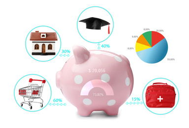 Image of Budget planning. Piggy bank with chart and different expenses