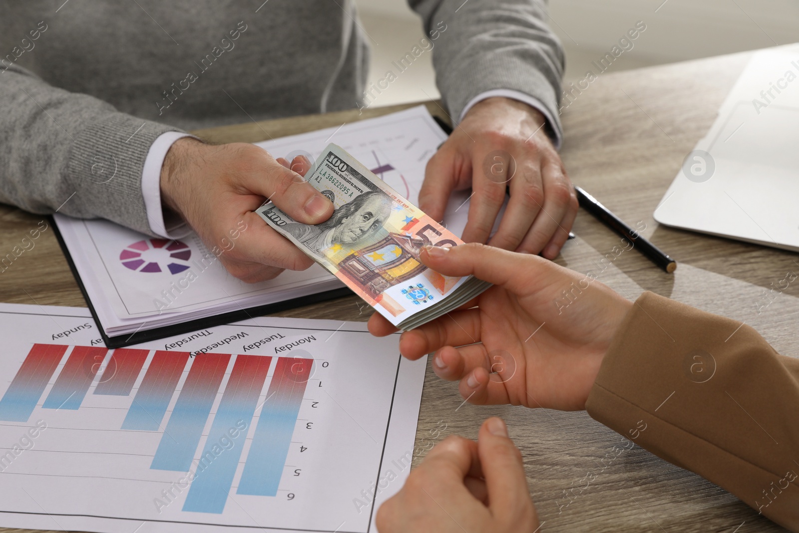 Image of Currency exchange. Man giving money to woman at wooden table, closeup. Combined euro and dollar banknote design