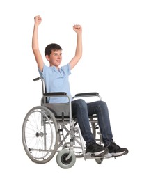 Photo of Teenage boy in wheelchair on white background