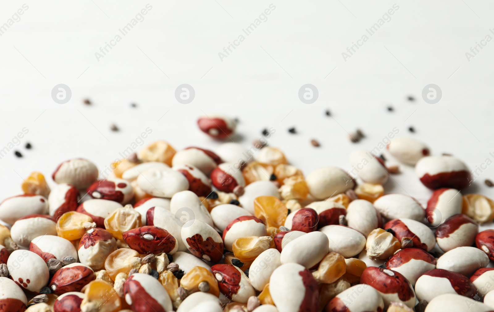 Photo of Mixed vegetable seeds on white wooden background, closeup. Space for text