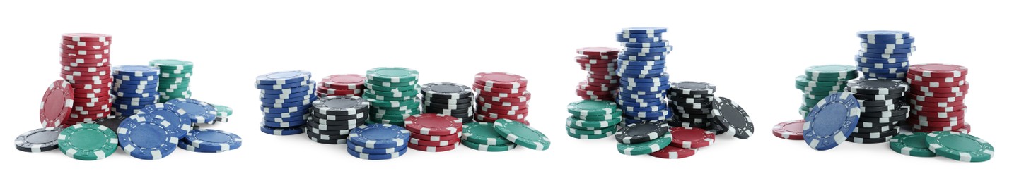 Image of Set with stacks of different casino chips on white background, banner design. Poker game