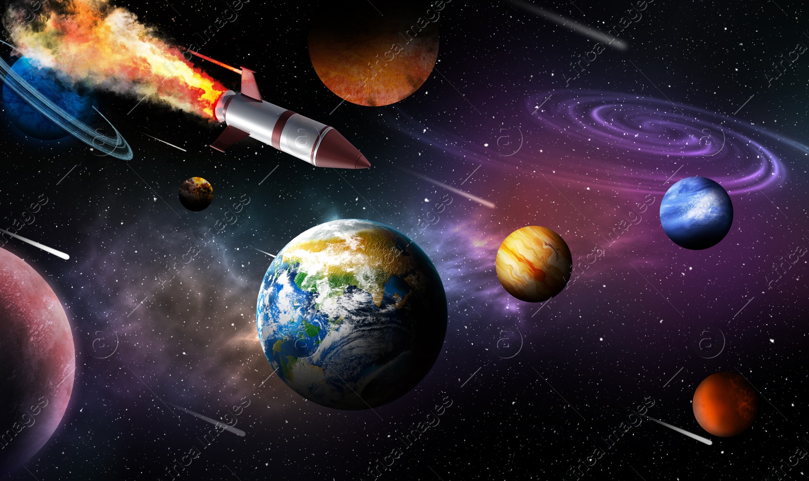 Image of Rocket, planets and galaxy in deep space, banner design