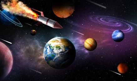 Rocket, planets and galaxy in deep space, banner design