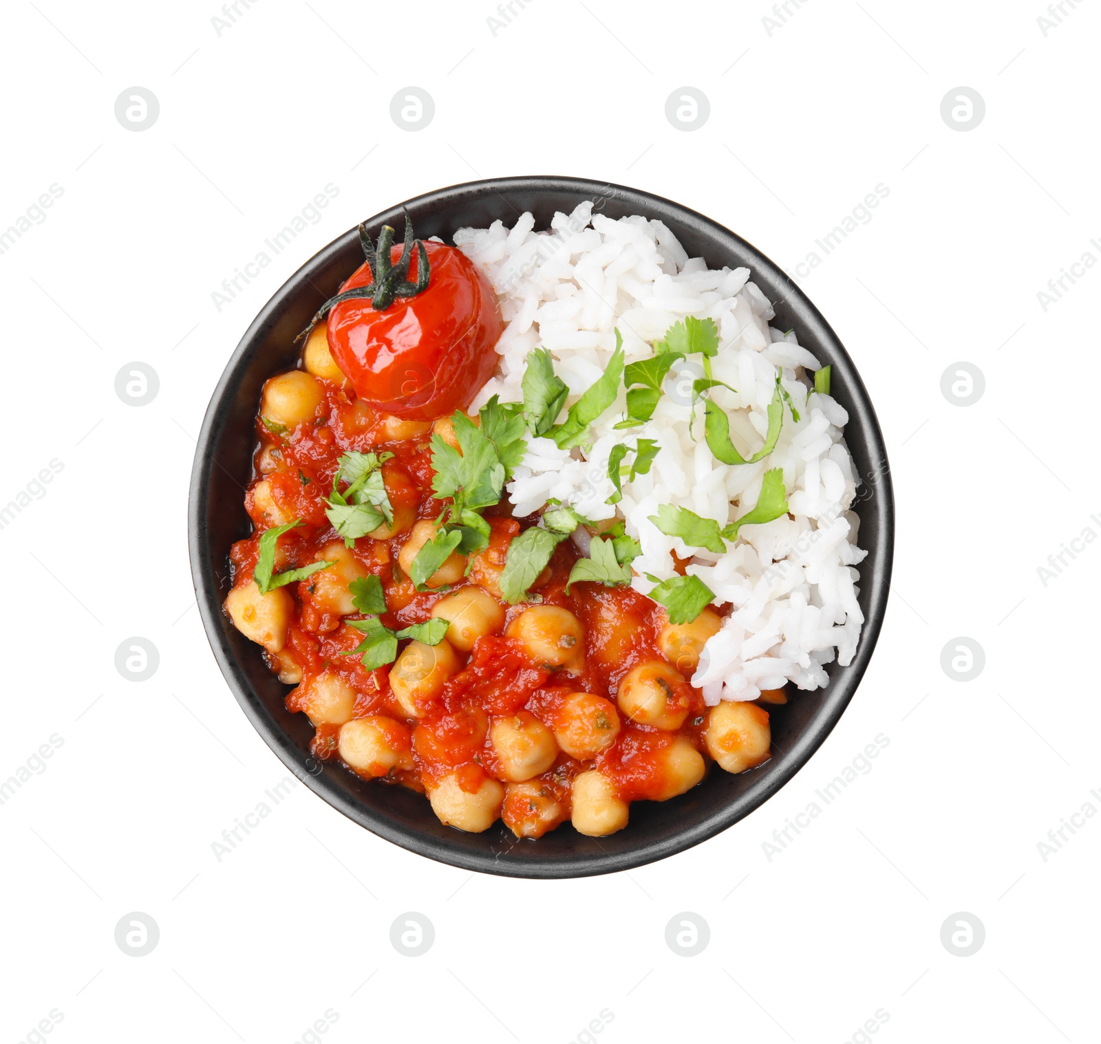 Photo of Delicious chickpea curry with rice in bowl isolated on white, top view