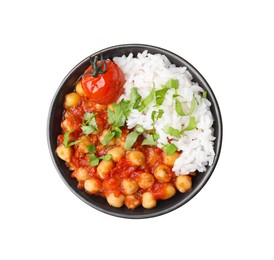 Delicious chickpea curry with rice in bowl isolated on white, top view