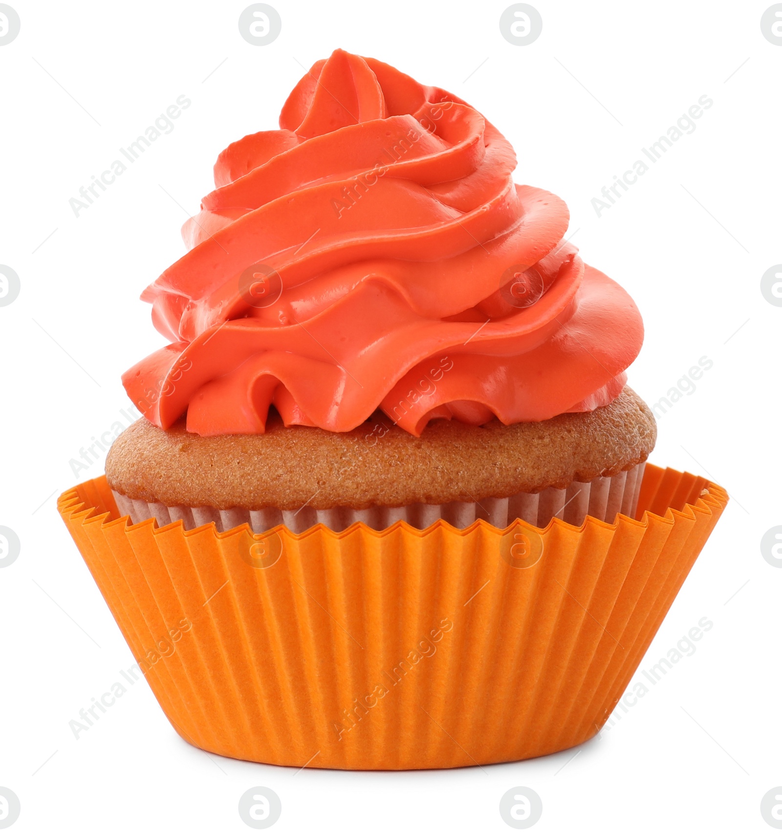 Photo of Delicious cupcake with orange cream isolated on white