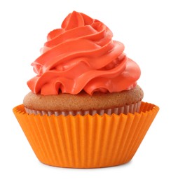 Delicious cupcake with orange cream isolated on white