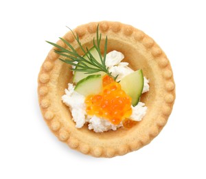 Delicious canape with red caviar isolated on white, top view