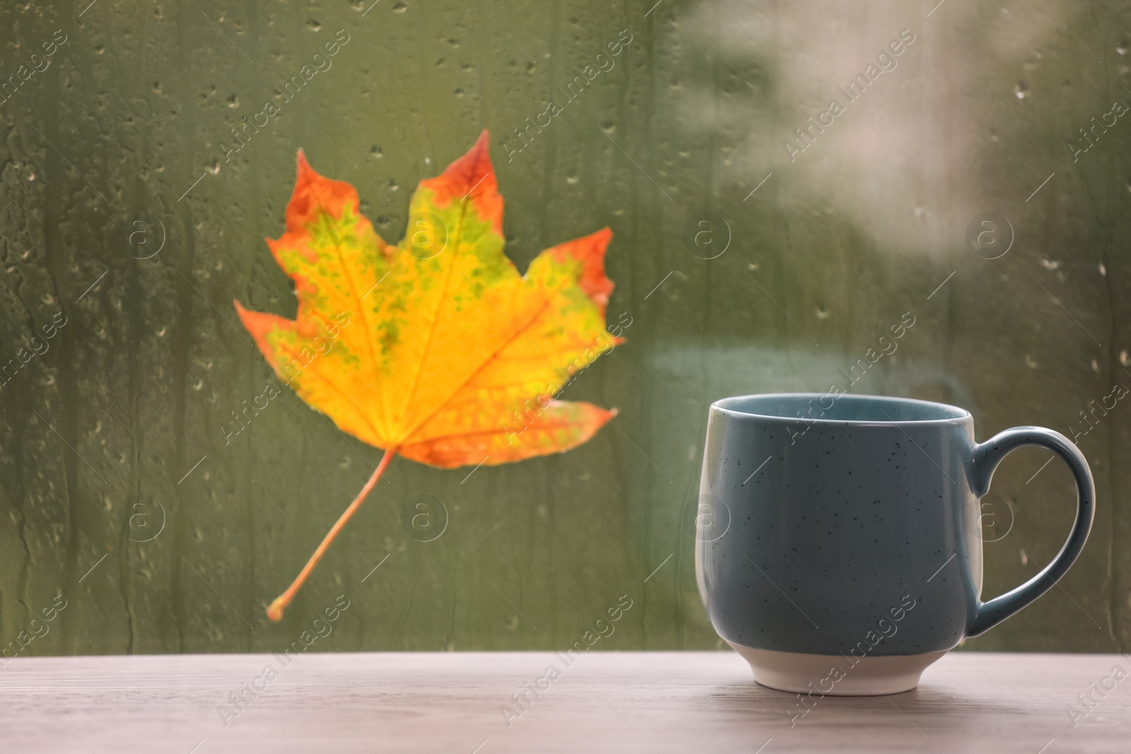 Photo of Cup of drink on wooden windowsill against glass with autumn leaf. Rainy weather