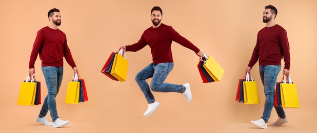 Happy man with shopping bags on beige background, set with photos