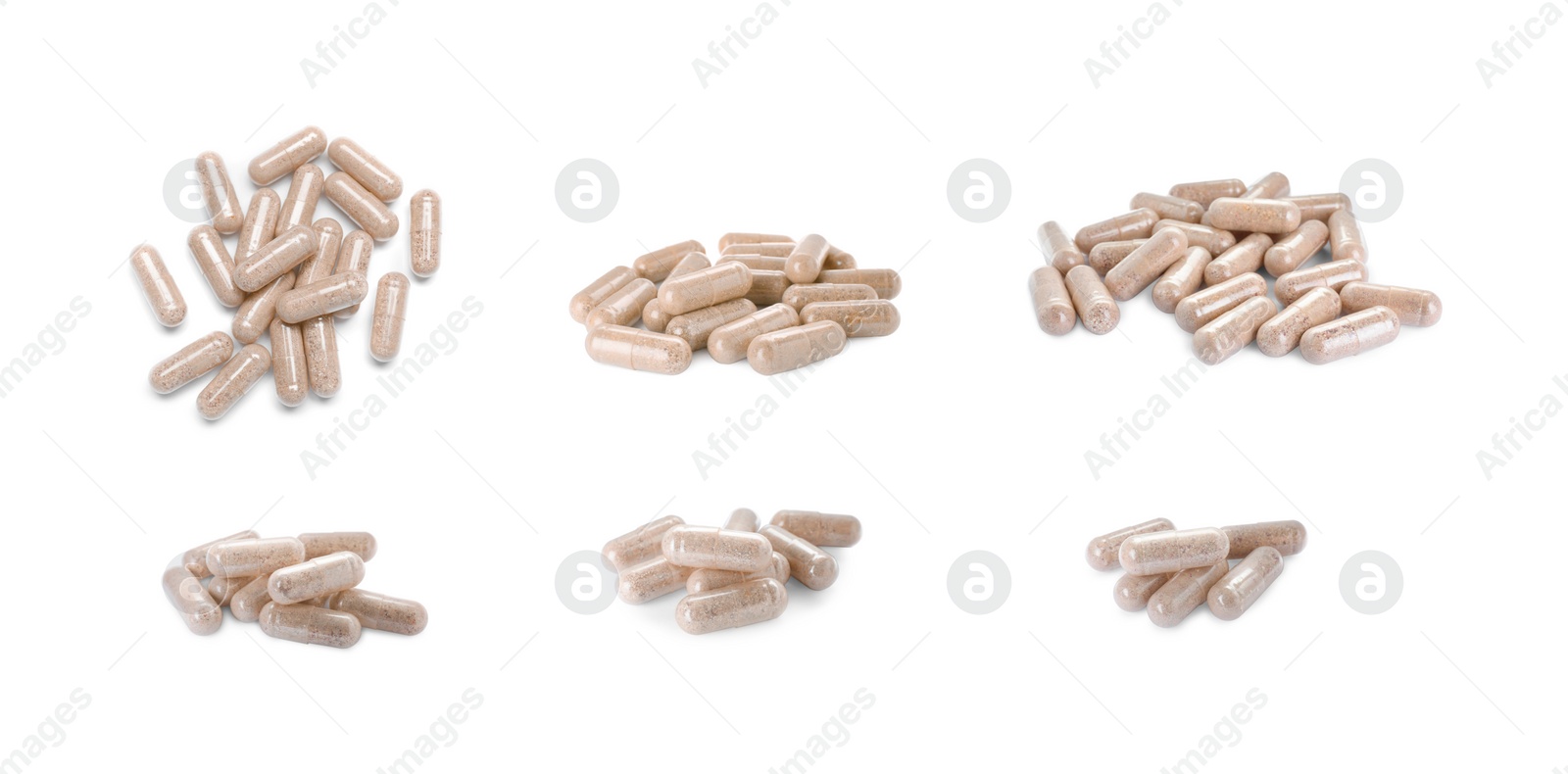 Image of Transparent gelatin capsules on white background, collage. Banner design 