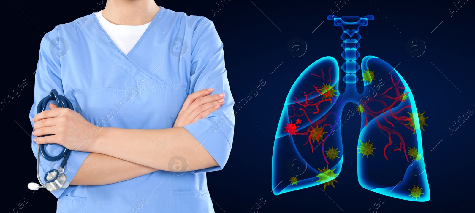 Image of Pulmonologist and lungs infected with coronavirus illustration on dark blue background, banner design