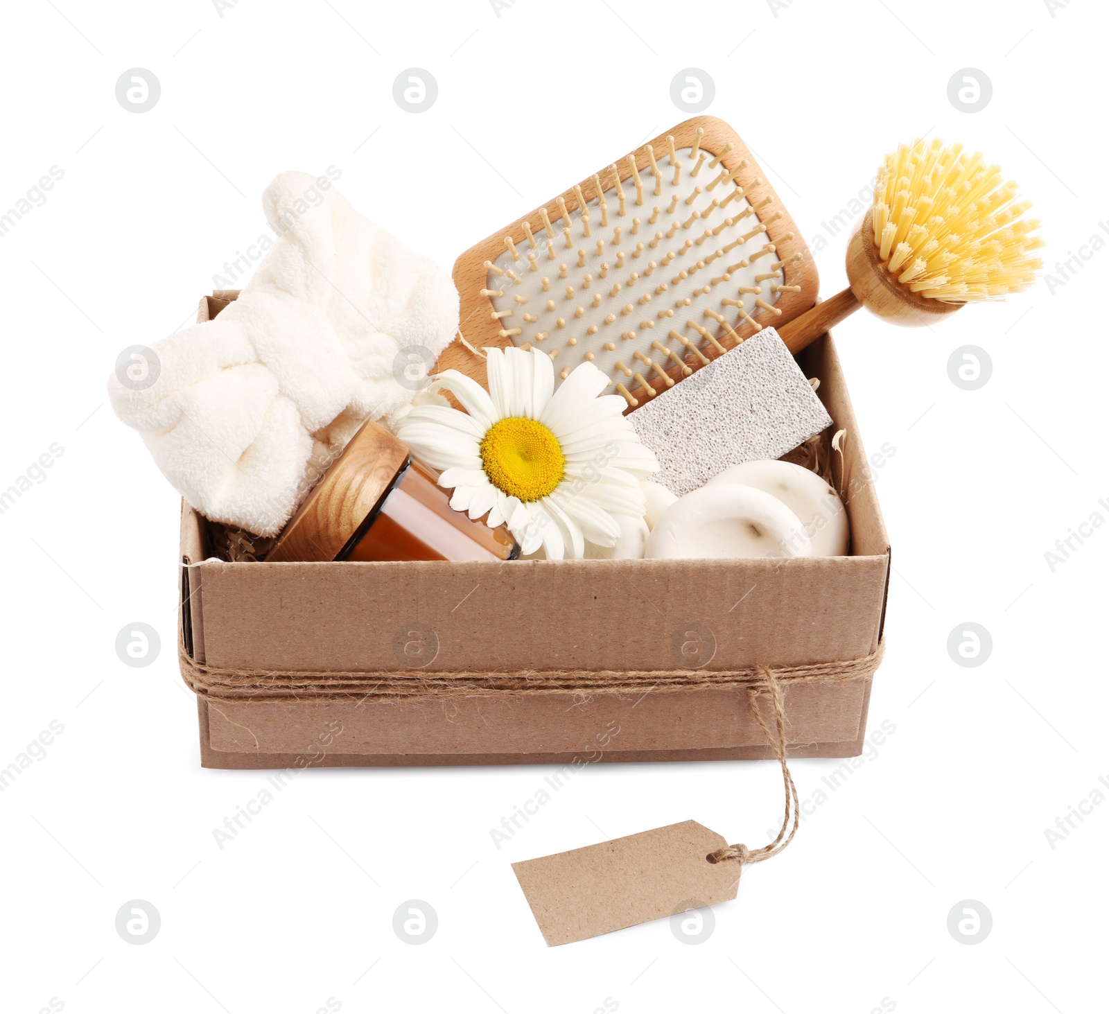 Photo of Spa gift set of different luxury products in cardboard box on white background