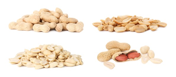 Many fresh peanuts on white background, set