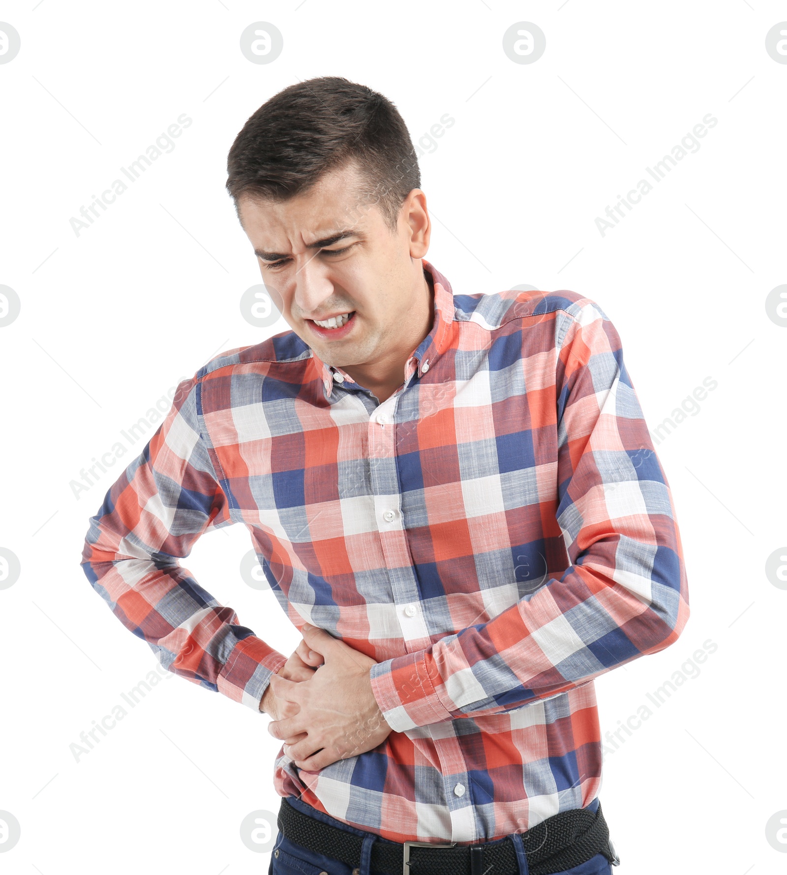 Photo of Man suffering from flank pain on white background