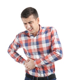 Man suffering from flank pain on white background