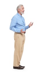 Photo of Senior man greeting someone on white background