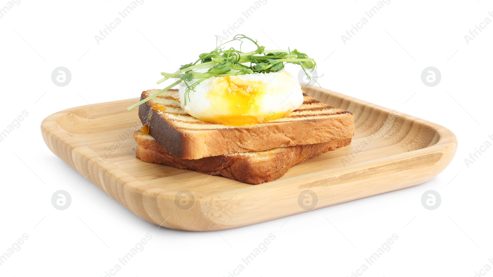 Photo of Delicious poached egg with toasted bread and sprouts isolated on white