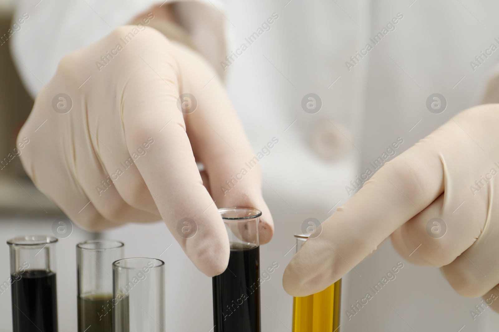 Photo of Laboratory worker holding test tubes with different types of crude oil, closeup