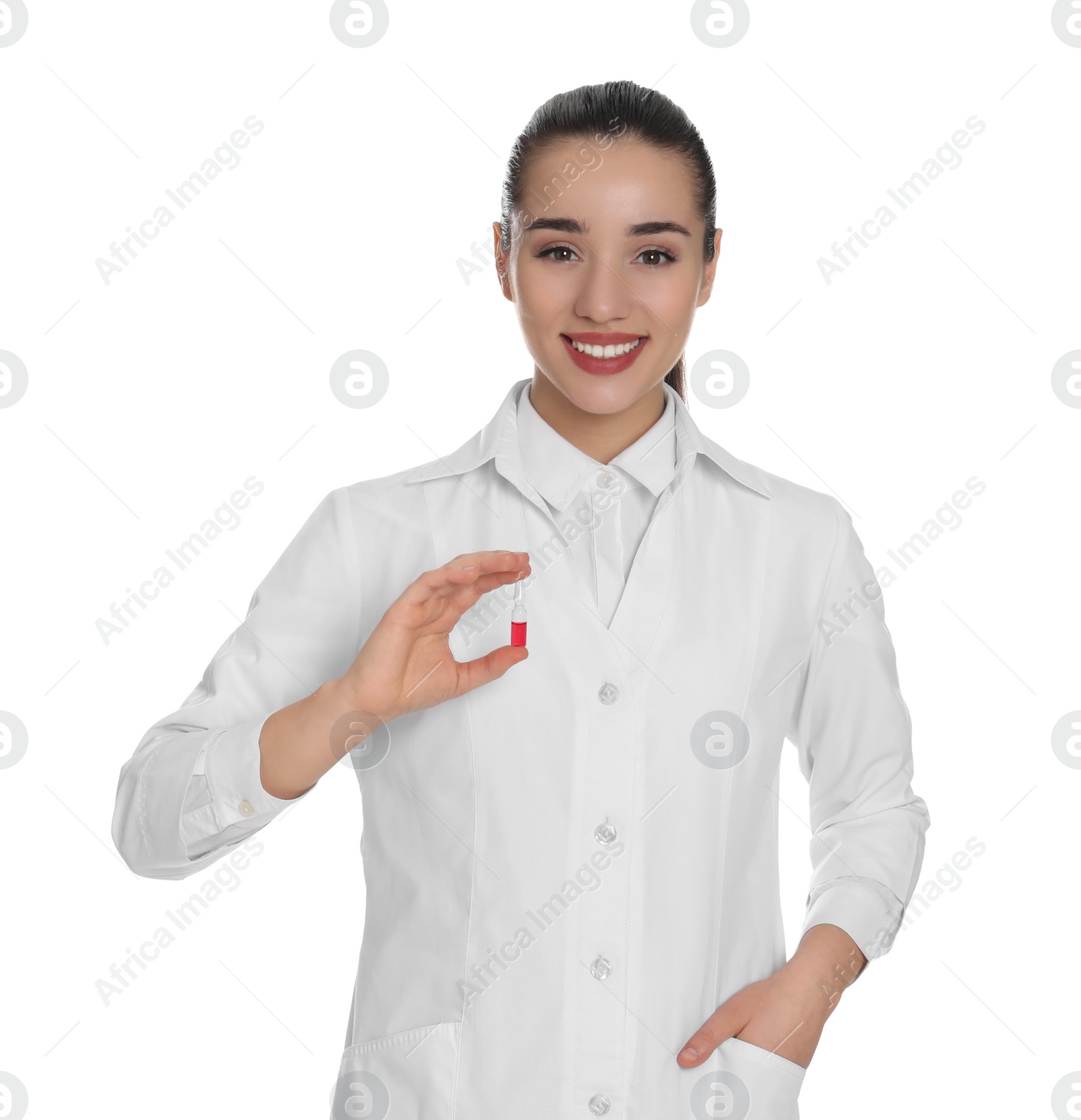 Photo of Professional pharmacist with ampule of medicine on white background