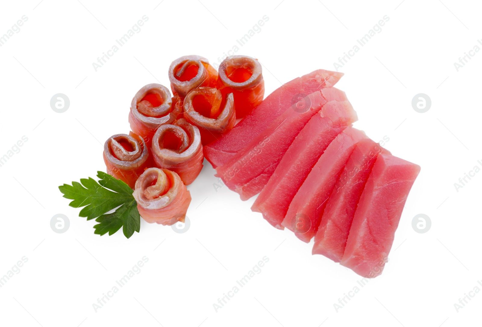 Photo of Tasty sashimi (slices of fresh raw tuna and salmon) with parsley isolated on white, above view
