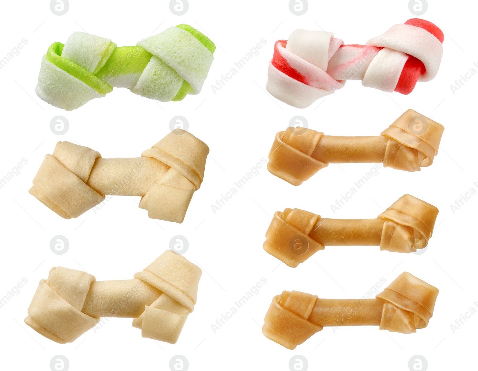 Image of Set with different bone dog treats on white background