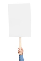 Man holding blank protest sign on white background, closeup