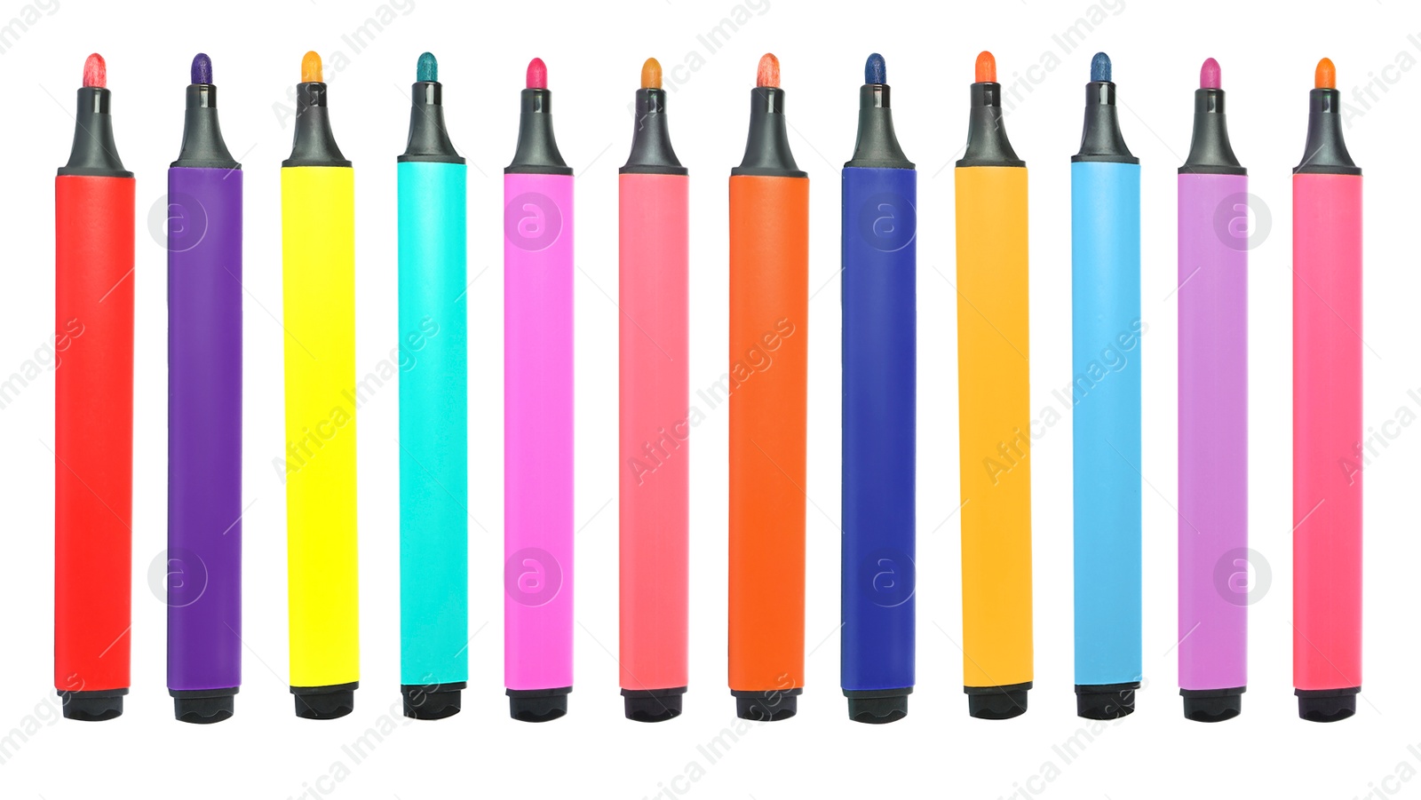 Image of Set with bright multicolored marker pens on white background. Banner design
