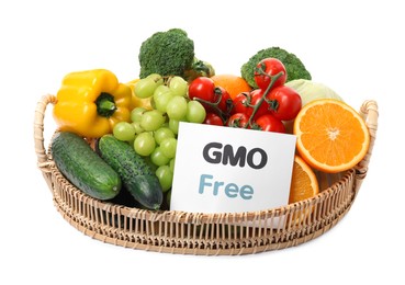 Photo of Tasty fresh GMO free products and paper card on white background