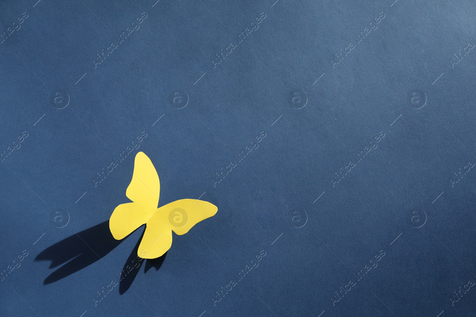 Photo of Yellow paper butterfly on dark blue background, top view. Space for text