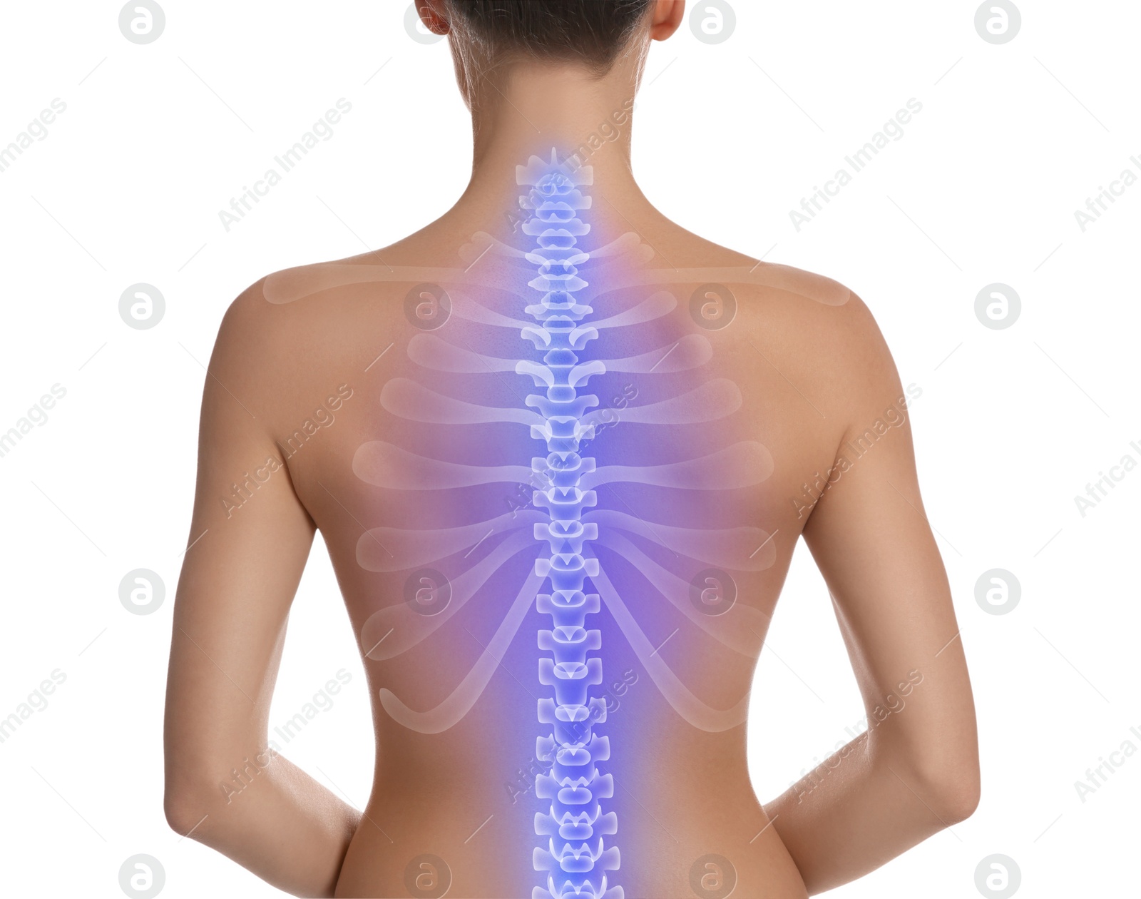 Image of Woman with healthy spine on white background, back view