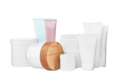 Photo of Set of different creams on white background
