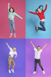 Image of Collage of emotional children jumping on different color backgrounds