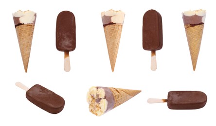 Collage with ice creams isolated on white, different sides