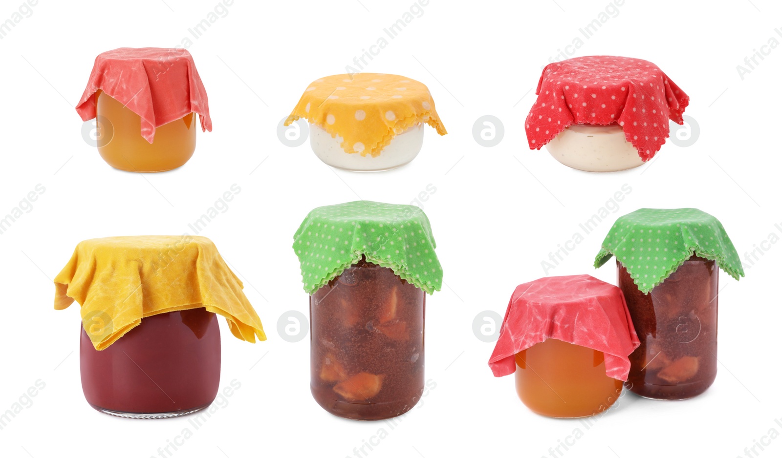 Image of Collage of different food in jars covered with beeswax wraps isolated on white