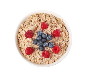 Photo of Tasty boiled oatmeal with berries in bowl isolated on white, top view