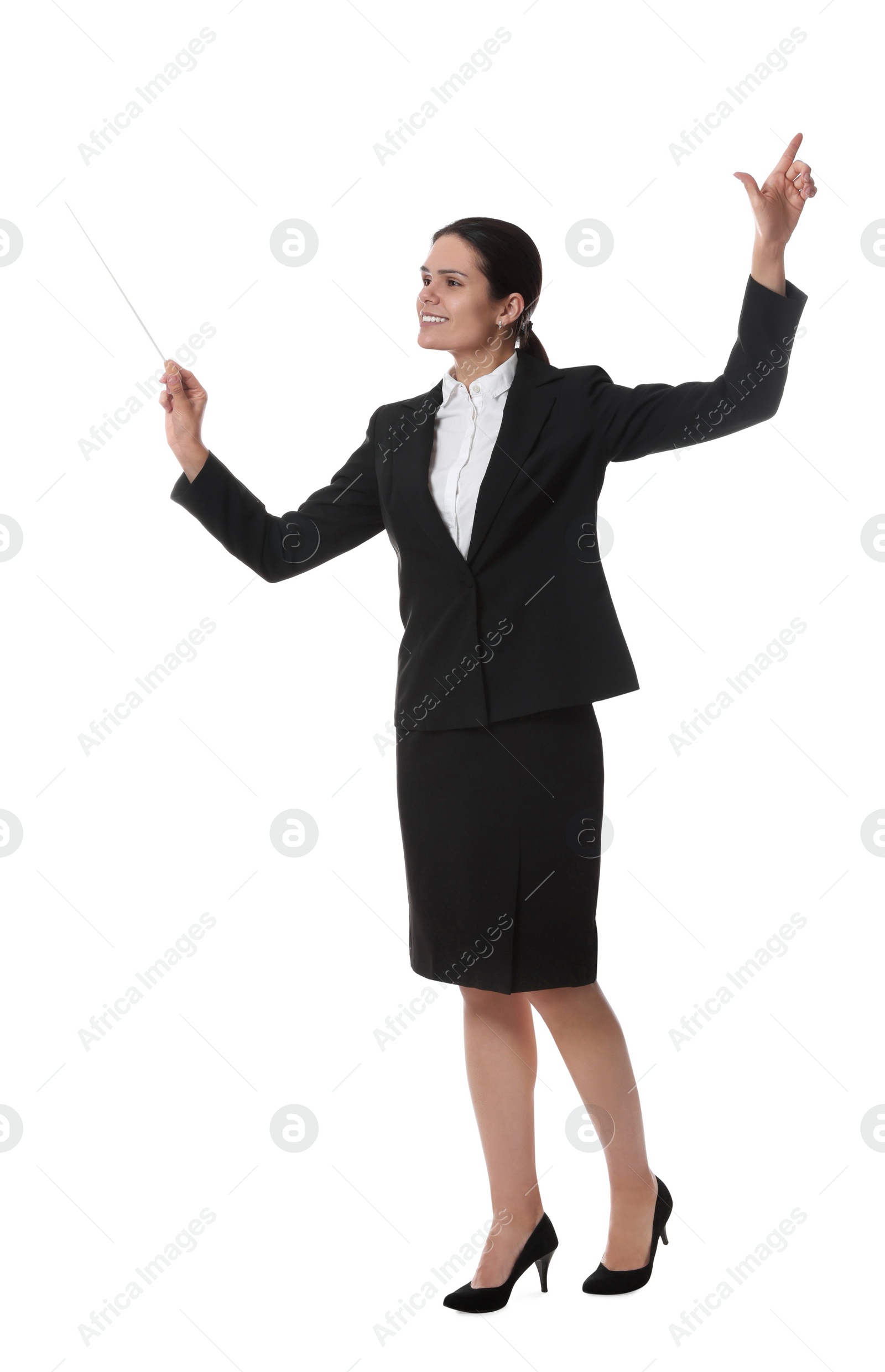 Photo of Happy young conductor with baton on white background