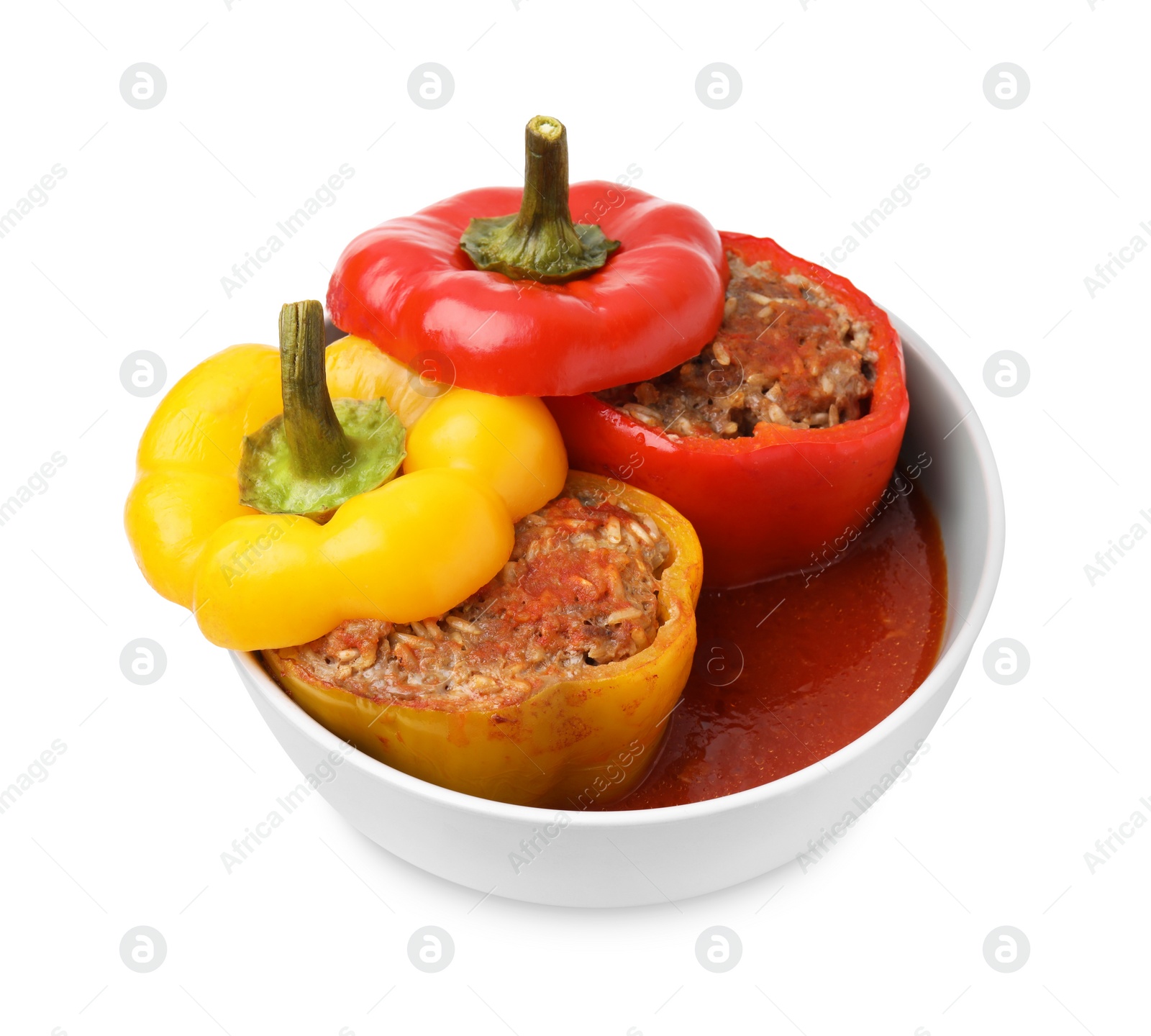 Photo of Delicious stuffed bell peppers isolated on white