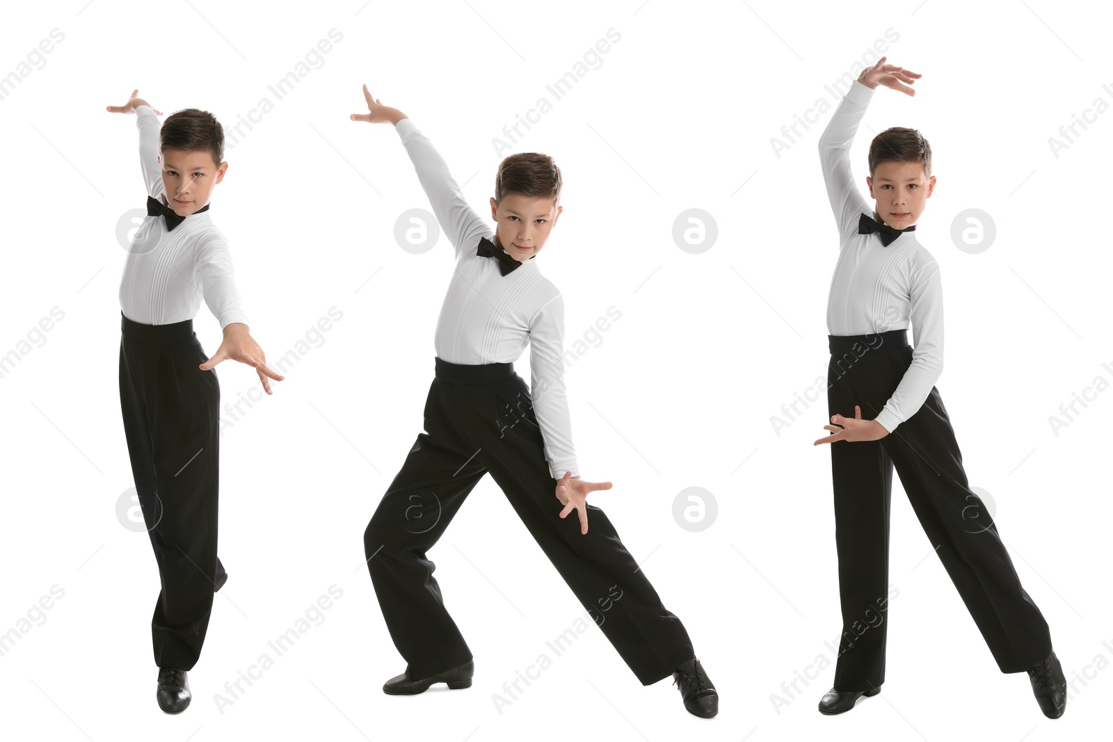 Image of Boy dancing on white background, set of photos