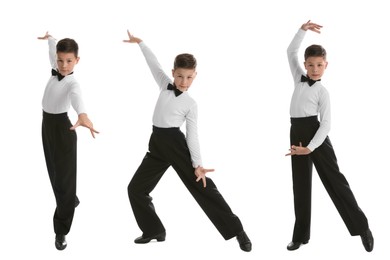 Boy dancing on white background, set of photos